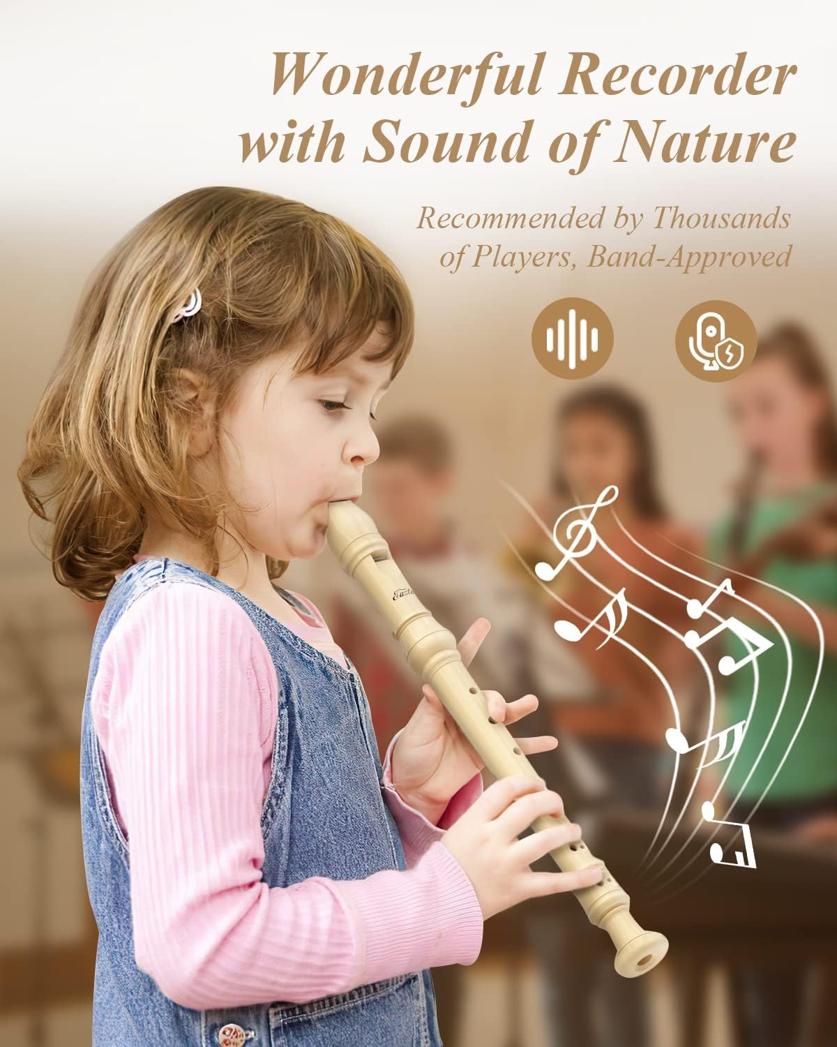Eastar Soprano Recorder Instrument for Kids Beginner, Baue Fingering C Key with Cleaning Kit, Thumb Rest, Cotton Bag, Fingering Chart, ERS-21BN, Natural, School-Approved