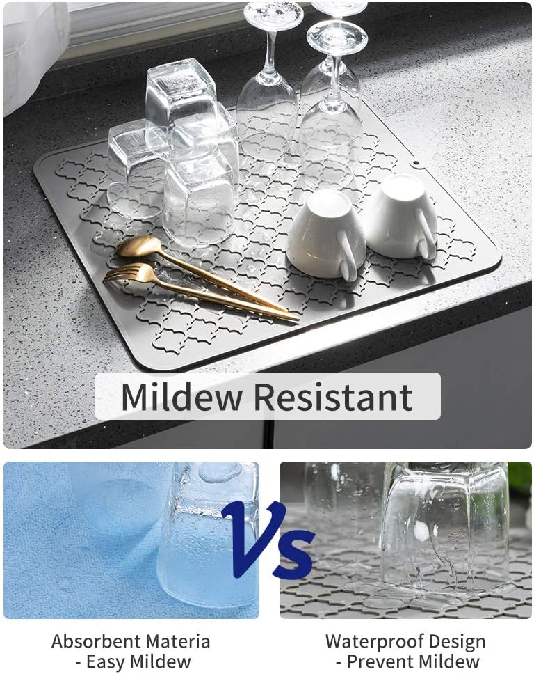 AMOAMI Dish Drying Mat,Heat-resistant,Easy Clean,Silicone Dish Drying Mats for kitchen Counter,Kitchen Gadgets Kitchen Accessories Kitchen Small Appliances (12inch x 16inch, GREY)