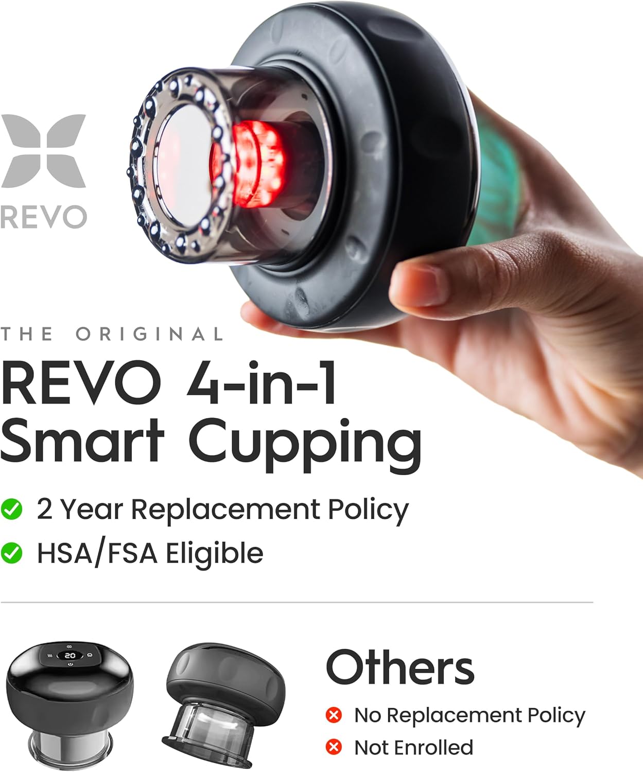 REVO The Original 4-in-1 Smart Cupping Therapy Massager, Red Light Therapy for Targeted Pain Relief, Knots, Aches, Muscle Soreness, Circulation Tighter Skin, Portable Cupping Kit (Four Pack)