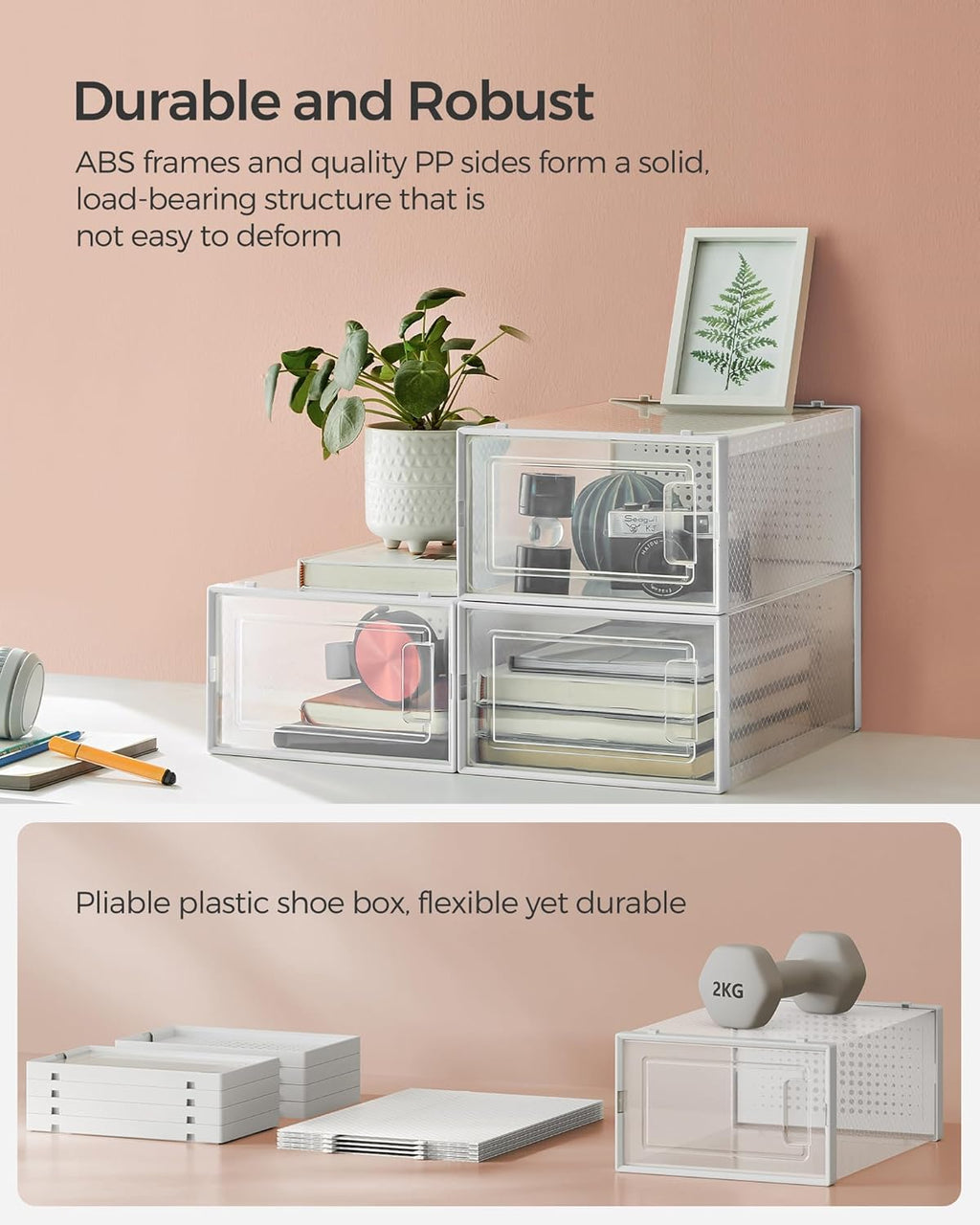 Shoe Boxes, Pack of 12 Shoe Storage Organizers, Stackable Clear Plastic Boxes for Closet, Sneakers, 13.1 x 9.1 x 5.6 Inches, Transparent and White ULSP12SWT