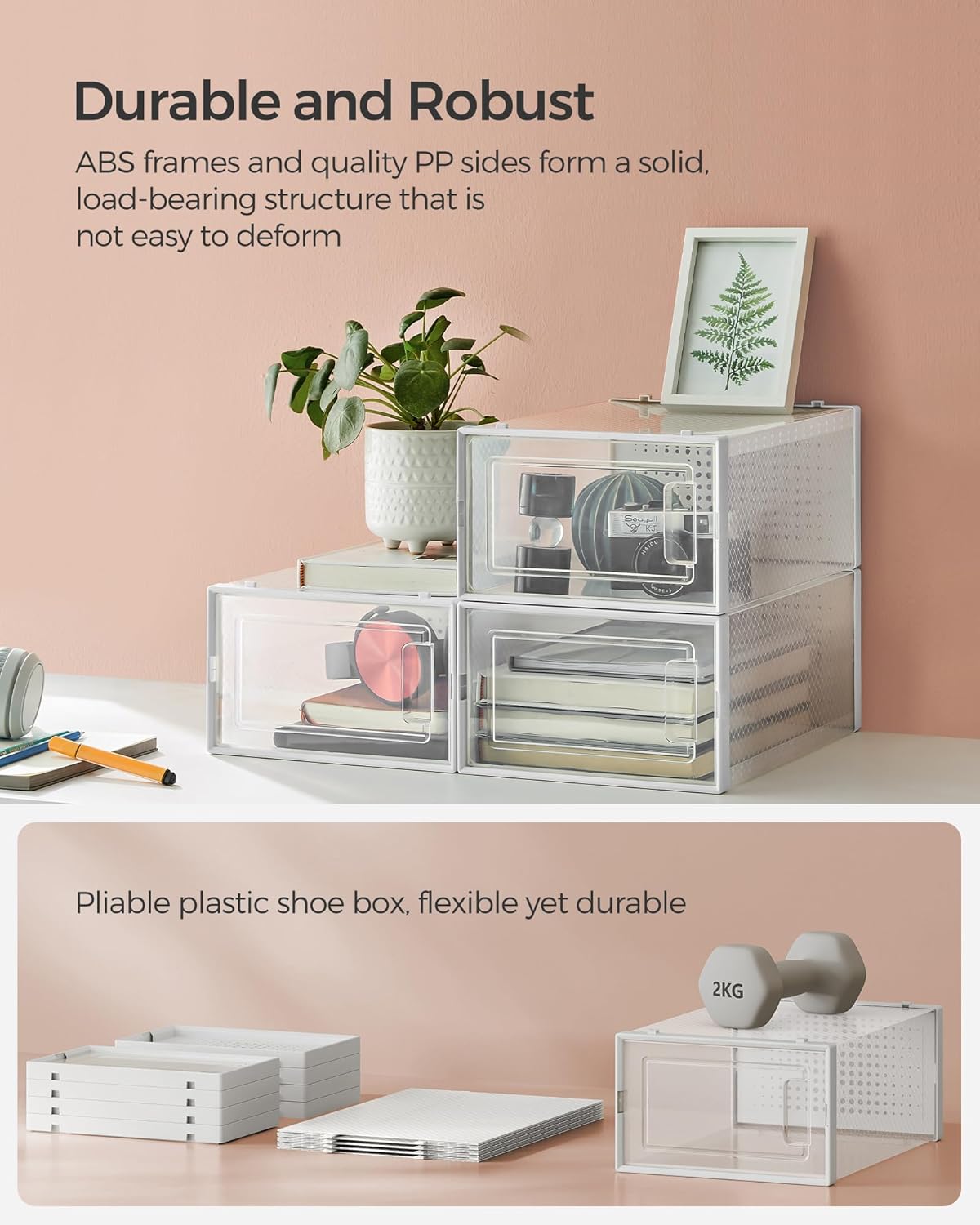 Shoe Boxes, Pack of 12 Shoe Storage Organizers, Stackable Clear Plastic Boxes for Closet, Sneakers, 13.1 x 9.1 x 5.6 Inches, Transparent and White ULSP12SWT