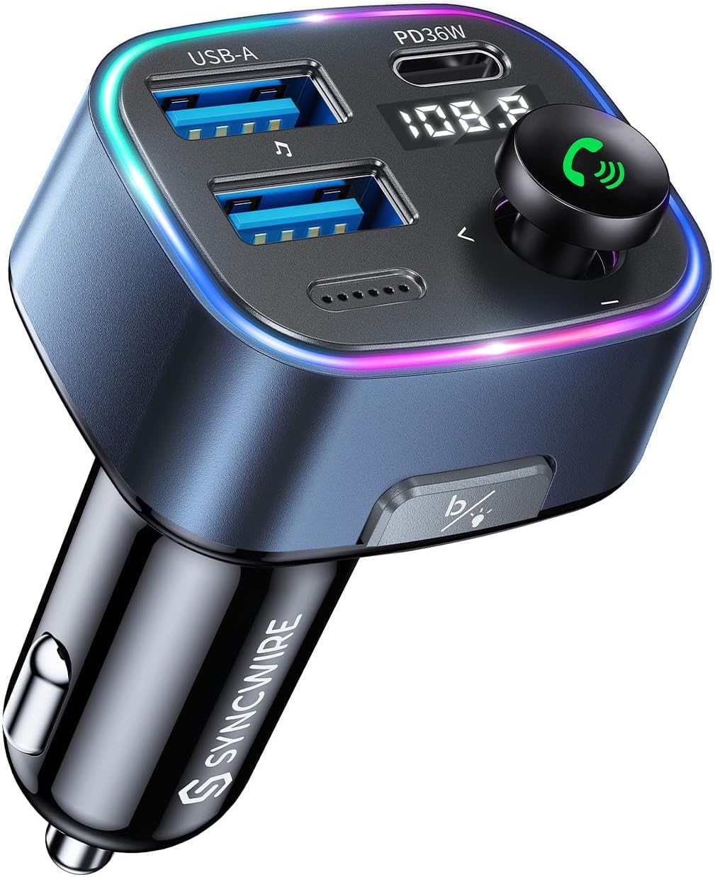 Syncwire Bluetooth 5.3 FM Transmitter Car Adapter 48W(PD 36W 12W) [Light Switch] [Hi-Fi Deep Bass] [Fast Charging] Wireless Radio Music Adapter LED Display Hands-Free Calling Support USB Drive