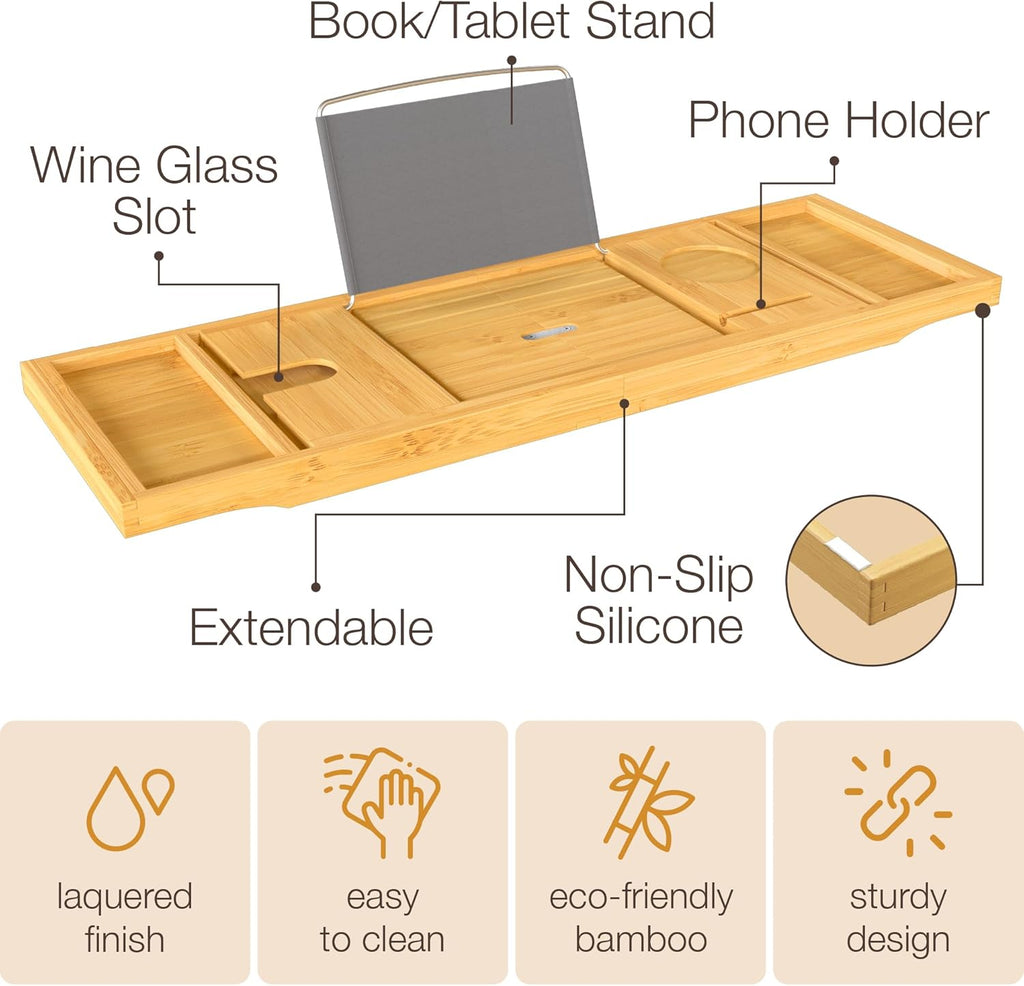 Wooden Bathtub Tray - Foldable Expandable Bamboo Bath Tray for Tub with Wine Holder, Book Tablet Stand - Bath Caddy for Bathtub, Spa Bath Accessories for Women, Tub Tray Table, Gift for Her or Him