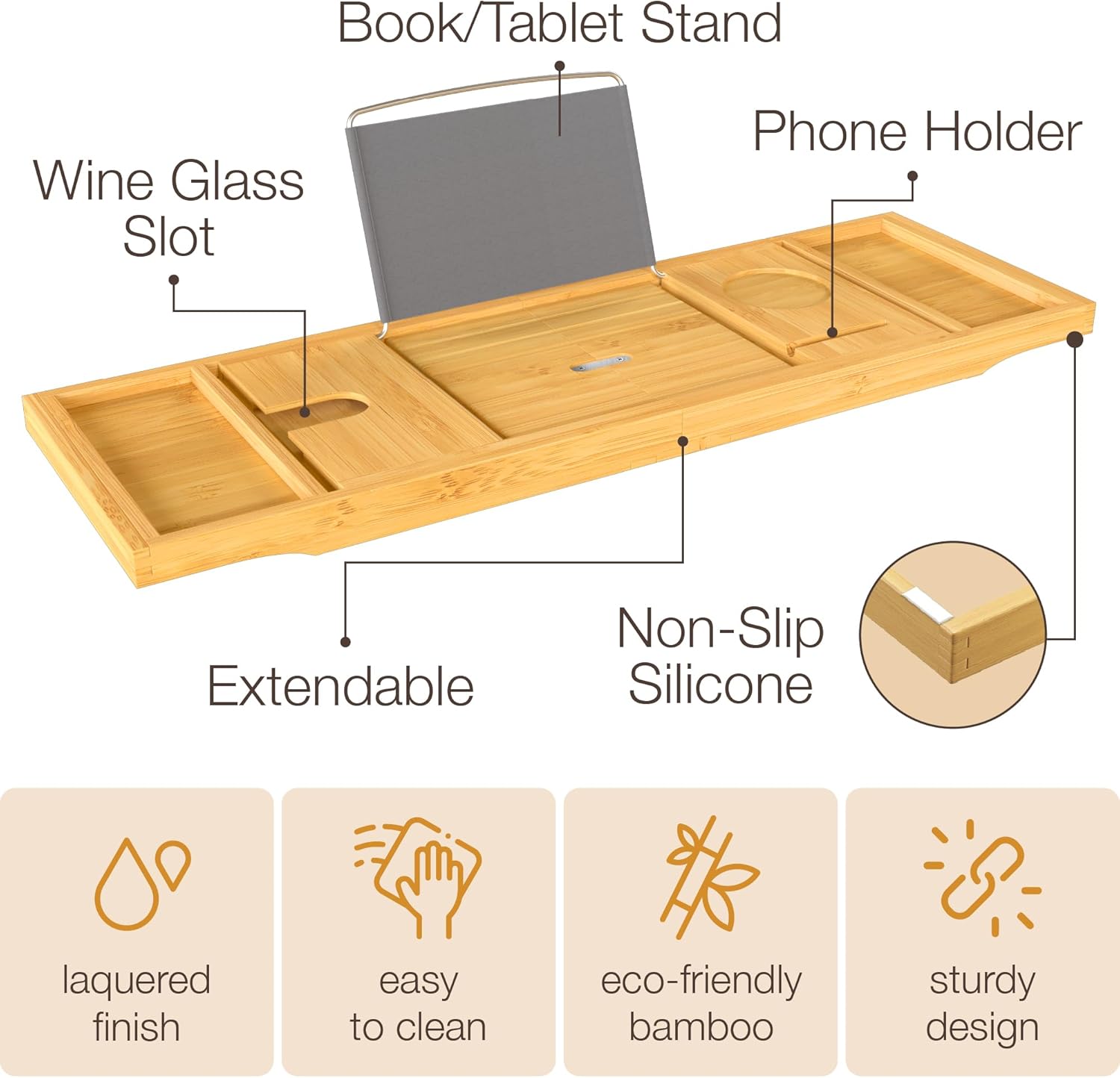 Wooden Bathtub Tray - Foldable Expandable Bamboo Bath Tray for Tub with Wine Holder, Book Tablet Stand - Bath Caddy for Bathtub, Spa Bath Accessories for Women, Tub Tray Table, Gift for Her or Him