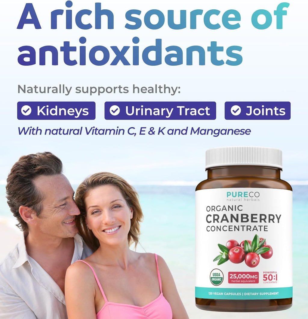 Organic Cranberry Extract Capsules - Super 50X Potency Cranberry Pills for Women to Support Urinary Tract Bladder and Kidney - Vegan Non-GMO USDA Organic North American Sourced (4 Month Supply)