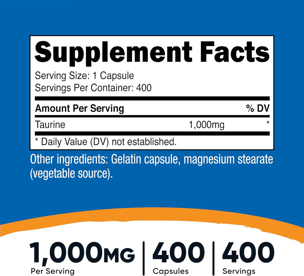Nutricost Taurine 1000mg; 400 Capsules (3 Bottles)