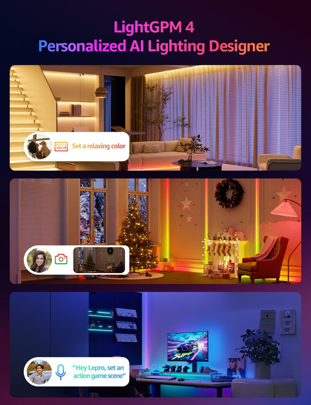 Lepro S1 AI LED Strip Lights for Christmas Decorations, 100ft(2 Rolls of 50ft) Smart RGB Light Strips with IC, Music Sync, Personalized Al Lighting Designer, No Remote, 2.4GHz Wi-Fi & Bluetooth