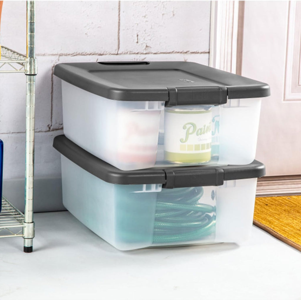 Sterilit 12-Pac ShelfTote Clea Plasti Storag Bin wit Lids 2 Quart Gra Stackabl Organizin Containe Boxe fo Closet Bathroom an Office