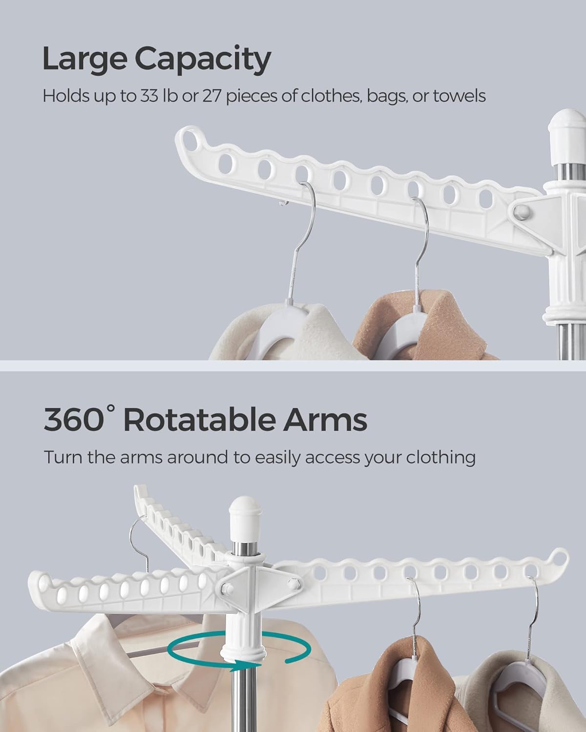 SONGMICS Clothes Drying Rack, 59-Inch Folding Laundry Drying Rack with 3 Rotatable Arms for Hangers, 4 Legs, Stainless Steel, for 27 Pieces of Clothes, White and Silver ULLR510W01