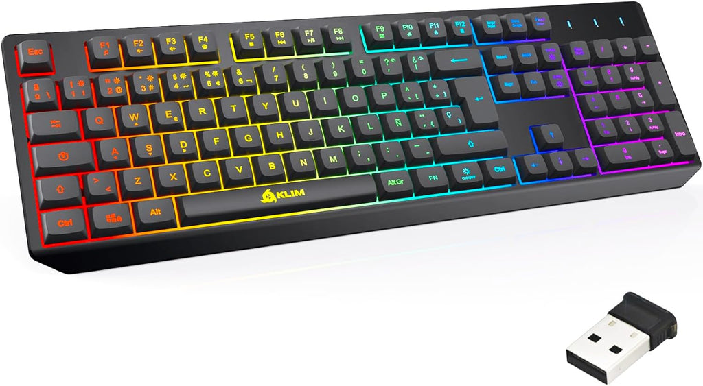 KLIM Chroma Wireless Spanish (Espa?a) Keyboard, RGB Backlit Wireless Keyboard, Rechargeable Battery, Quiet, Water-Resistant, Plug Play for PC, Mac, PS4/PS5