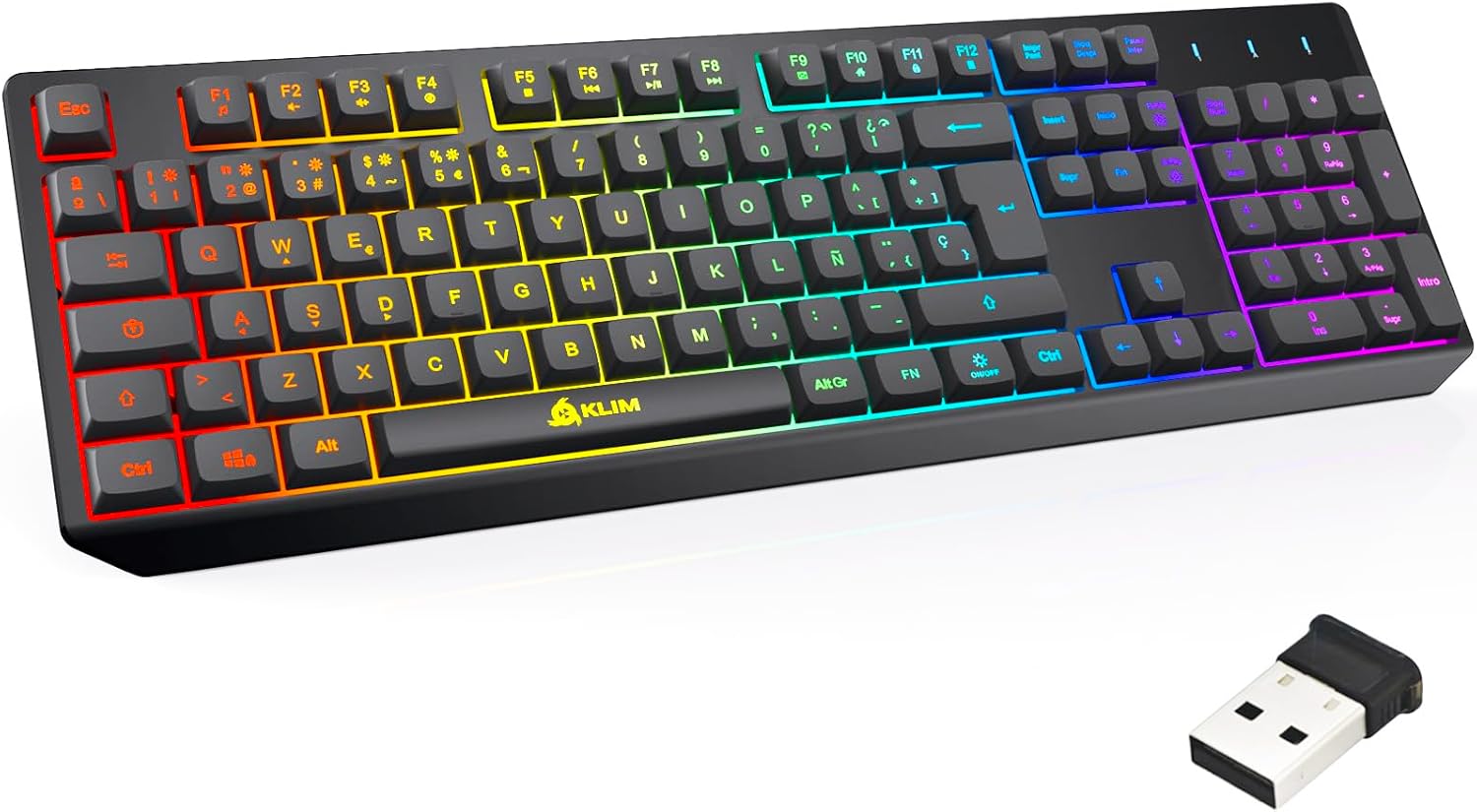 KLIM Chroma Wireless Spanish (Espa?a) Keyboard, RGB Backlit Wireless Keyboard, Rechargeable Battery, Quiet, Water-Resistant, Plug Play for PC, Mac, PS4/PS5