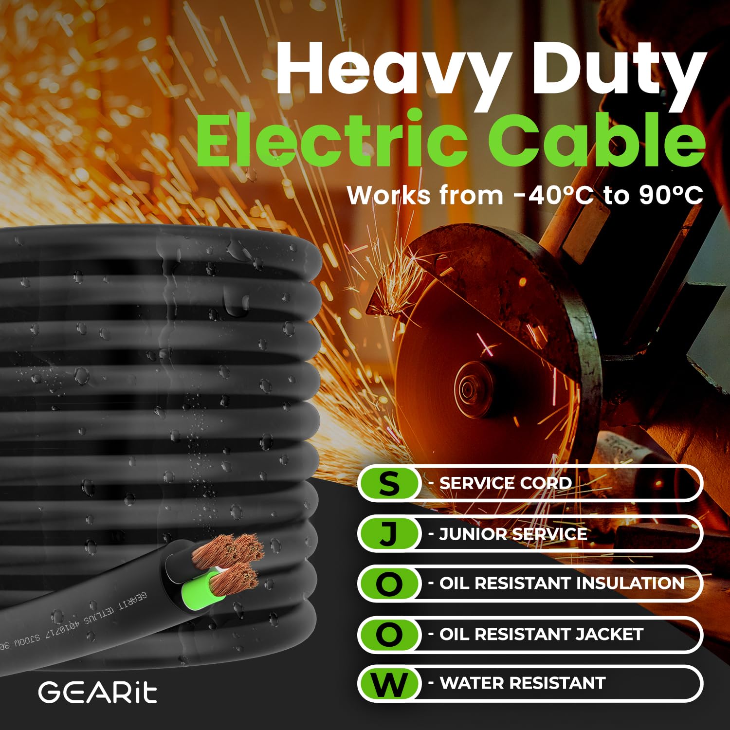 GEARit 12/3 12 AWG Portable Power Cable (100 Feet - 3 Conductor) SJOOW 300V 12 Gauge Electric Wire for Motor Leads, Portable Lights, Battery Charger, Stage Lights and Machinery -100ft Electrical Cord