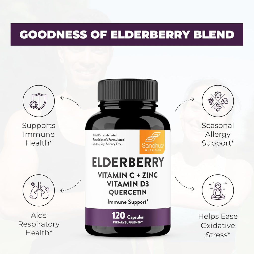 Elderberry Vitamin C and Zinc with Quercetin & Vitamin D3 | 6-in-1 Immunity Supplement | Sambucus Elder Berry Antioxidants Capsules for Adults | Supports Immune Health | 120 Count (Pack of 1)