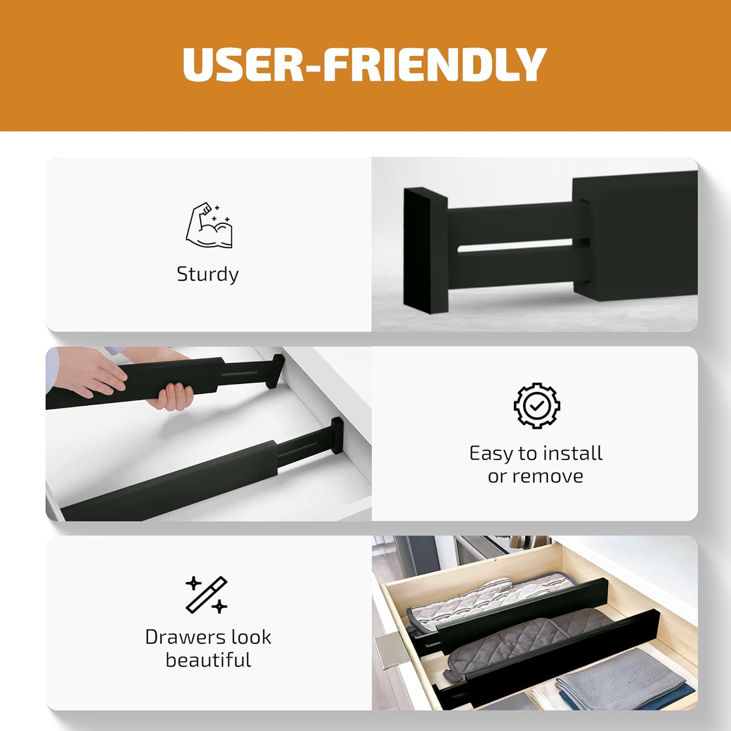 4 Pack Drawer Divider - Bamboo 2.6inch High, 12.5-17inch Adjustable Drawer Organizers for Clothes, Expandable Dresser Separators in Bedroom, Bathroom, Kitchen, Office Organization and Storage (Black)