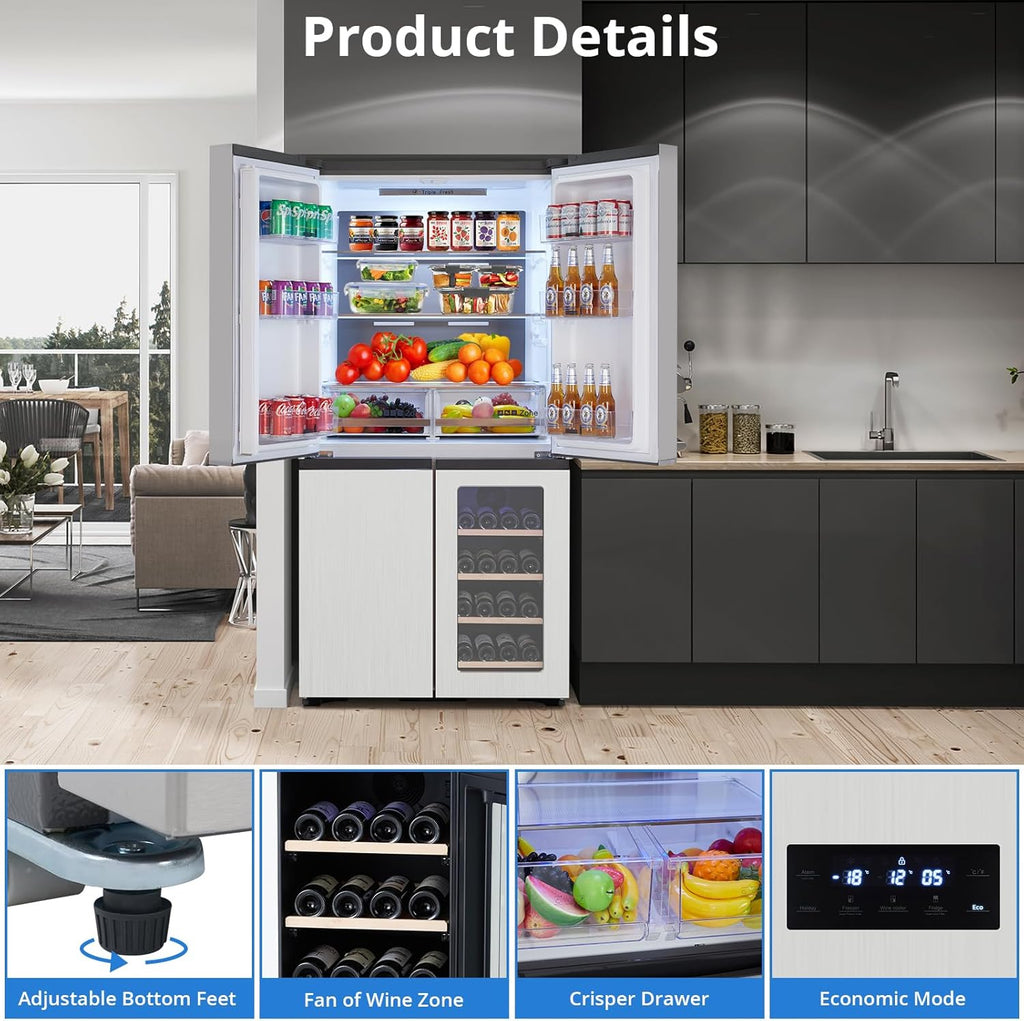 Frenc Doo Refrigerator 2 Cu.F Refrigerato wit Adjustabl Glas Shelves Botto Freeze wit Win Cabinet Doors LE Lighting Ful Siz Freeze Kitche Fridge Silver