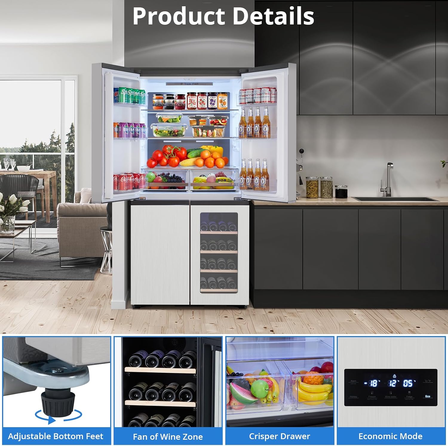 Frenc Doo Refrigerator 2 Cu.F Refrigerato wit Adjustabl Glas Shelves Botto Freeze wit Win Cabinet Doors LE Lighting Ful Siz Freeze Kitche Fridge Silver
