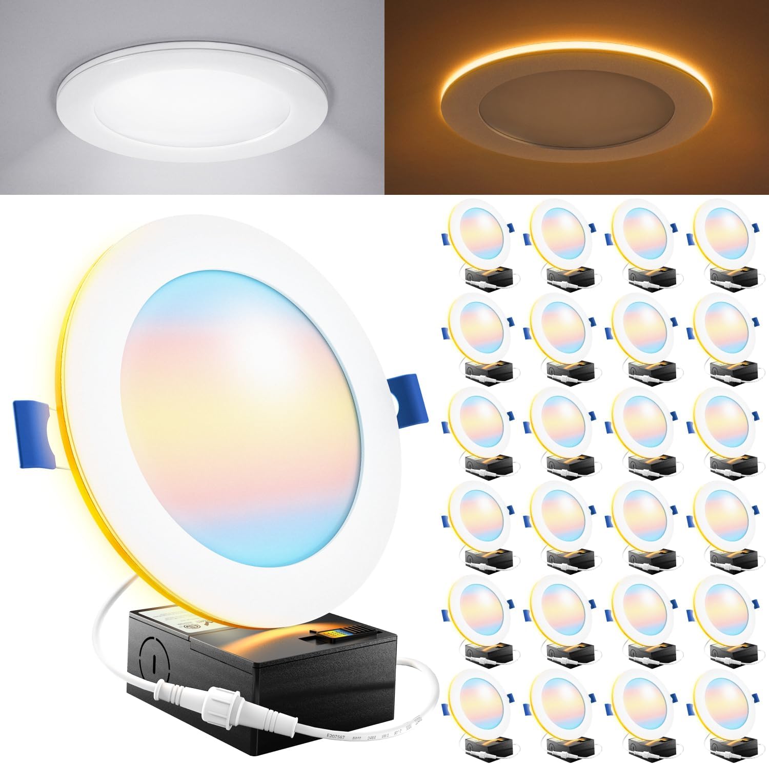 Sunco 24 Pack 6 Inch LED Recessed Light with Night Light, Canless Recessed Lighting, 1500 LM, 15W (150W Equivalent), Selectable CCT 2700K/3000K/4000K/5000K/6000K, Dimmable, with Junction Box