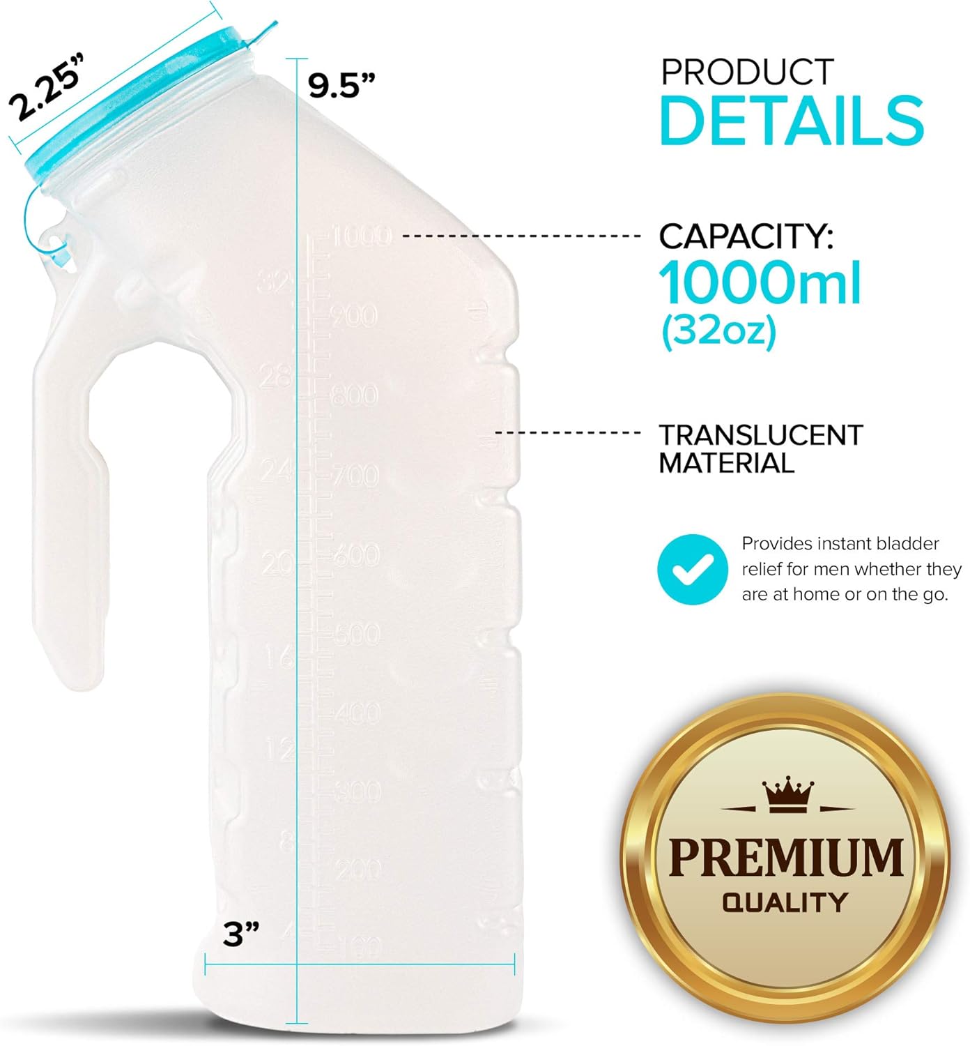 Male Urinal with Glow in The Dark Lid (2 Bottles) 32 Oz Urine Bottles for Men - Pee Bottles for Hospitals, Emergency and Travel