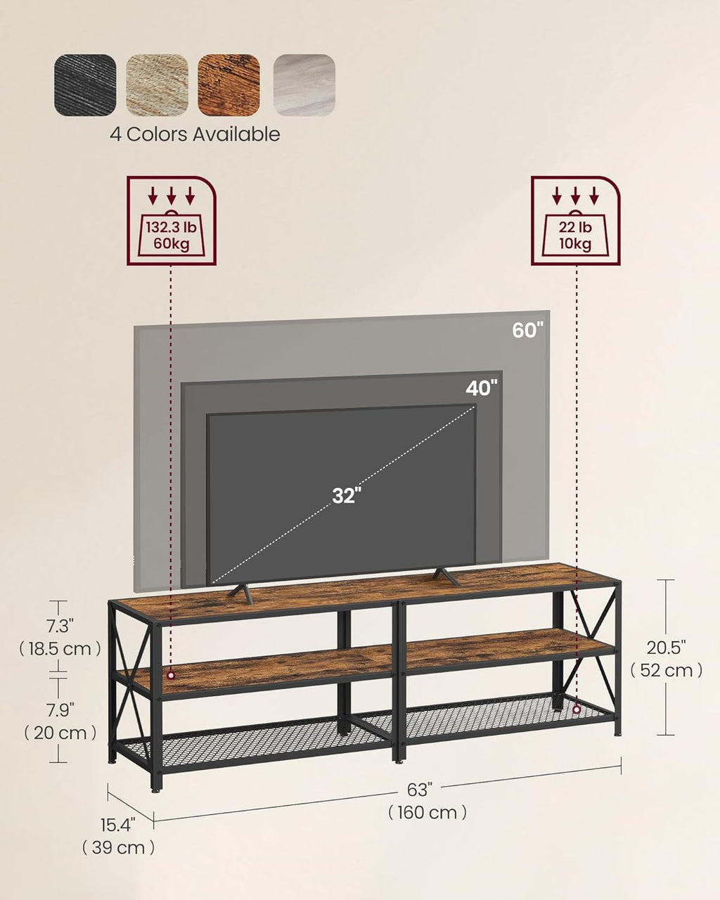 TV Stand for TV up to 70 Inches, TV Table, Entertainment Center, 3-Tier TV Console, Steel Frame, Industrial Style, for Living Room, Rustic Brown and Black ULTV095B01