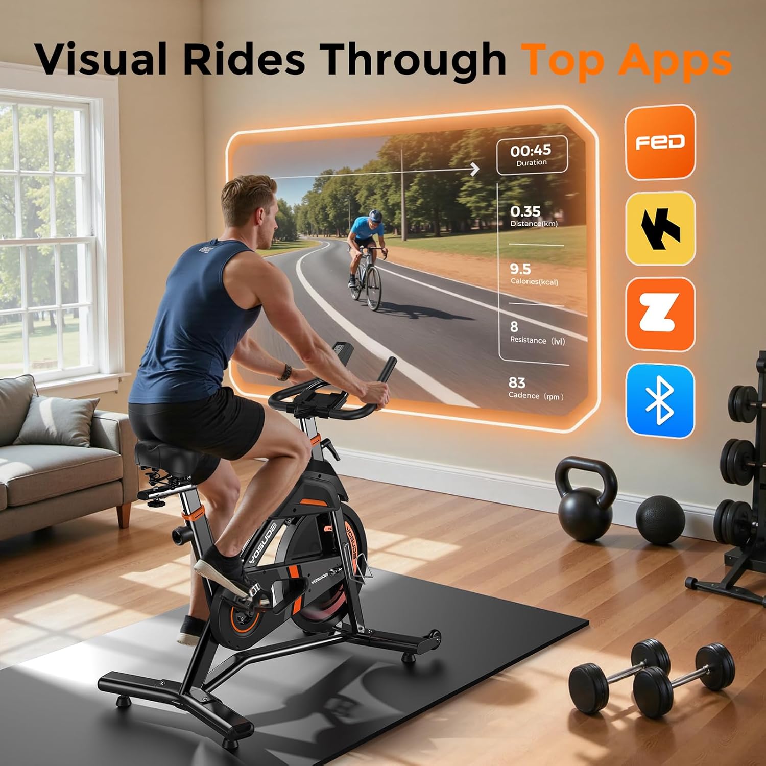 YOSUD Magneti Exercis Bike,Stationar Bike fo Hom wit Exclusiv App 40 lb Weigh Capacit 5 lb Flywheel Indoo Cyclin Bik wit Table Holde Adjustabl Sea an Handlebars