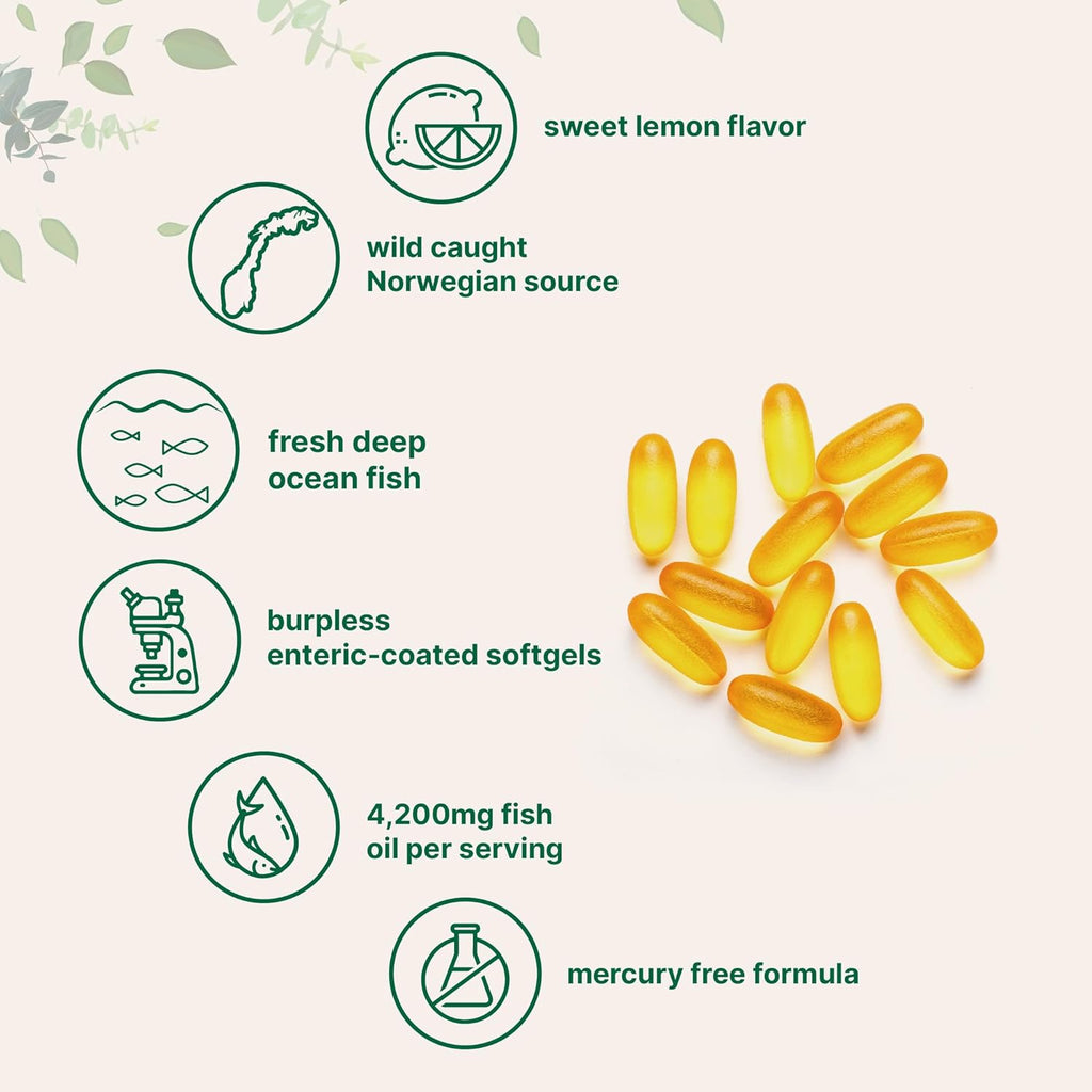 Micro Ingredients Triple Strength Omega 3 Fish Oil Supplements 4200mg Per Serving, 120 Softgels ¨C Lemon Flavored ¨C Burpless | EPA 1200mg + DHA 900mg | Deep Sea Fish
