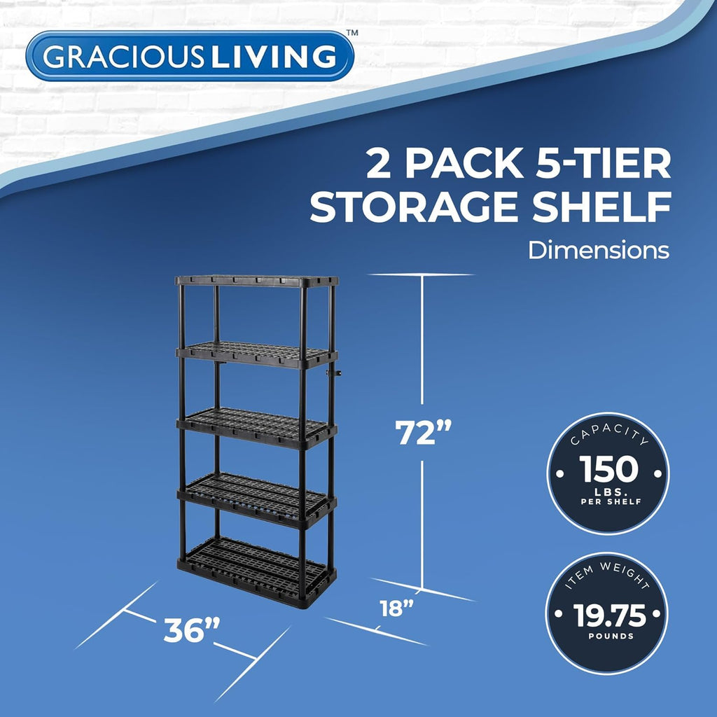 Gracious Living 2-Pack 5 Shelf Unit, Storage Shelves and Rack for Home & Garage, Black - Multipurpose and Heavy-Duty Plastic Shelving Organizer - Ideal for Kitchen, Closet, and Pantry