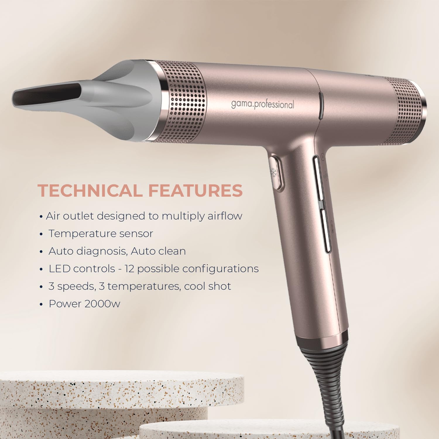 GAM Ital Professiona Hai Drye Ros Gol I Perfett Lightweight Powerfu Pr Salo Blo wit Diffuse  Concentrato Nozzl Attachmen Tool (Unde 1LB)