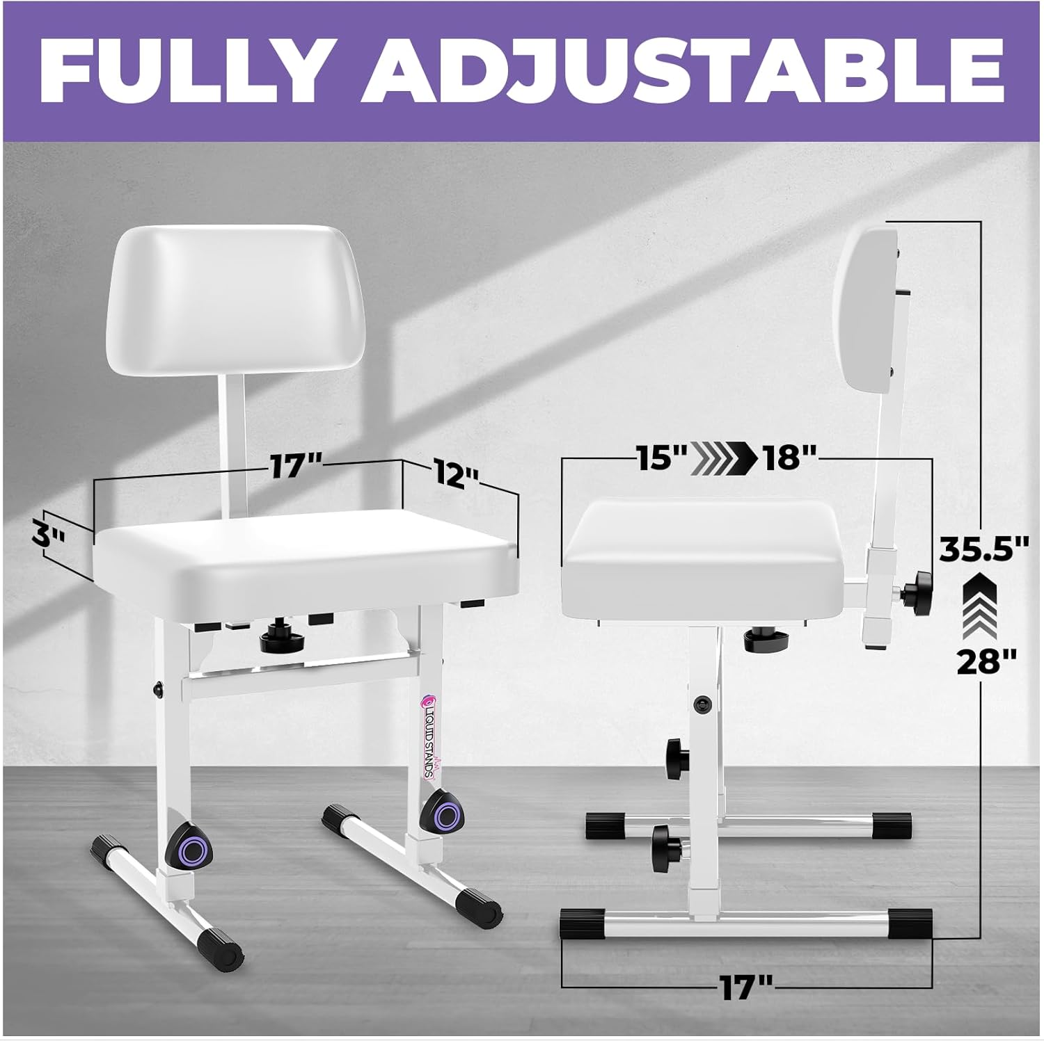 Liquid Stands White Adjustable Piano Bench with Backrest ¨C Music Keyboard Bench Seat for Digital & Electric Pianos - Musicians Stylish Seating, Comfortable, Sturdy, Padded Cushion - Piano Stool Chair