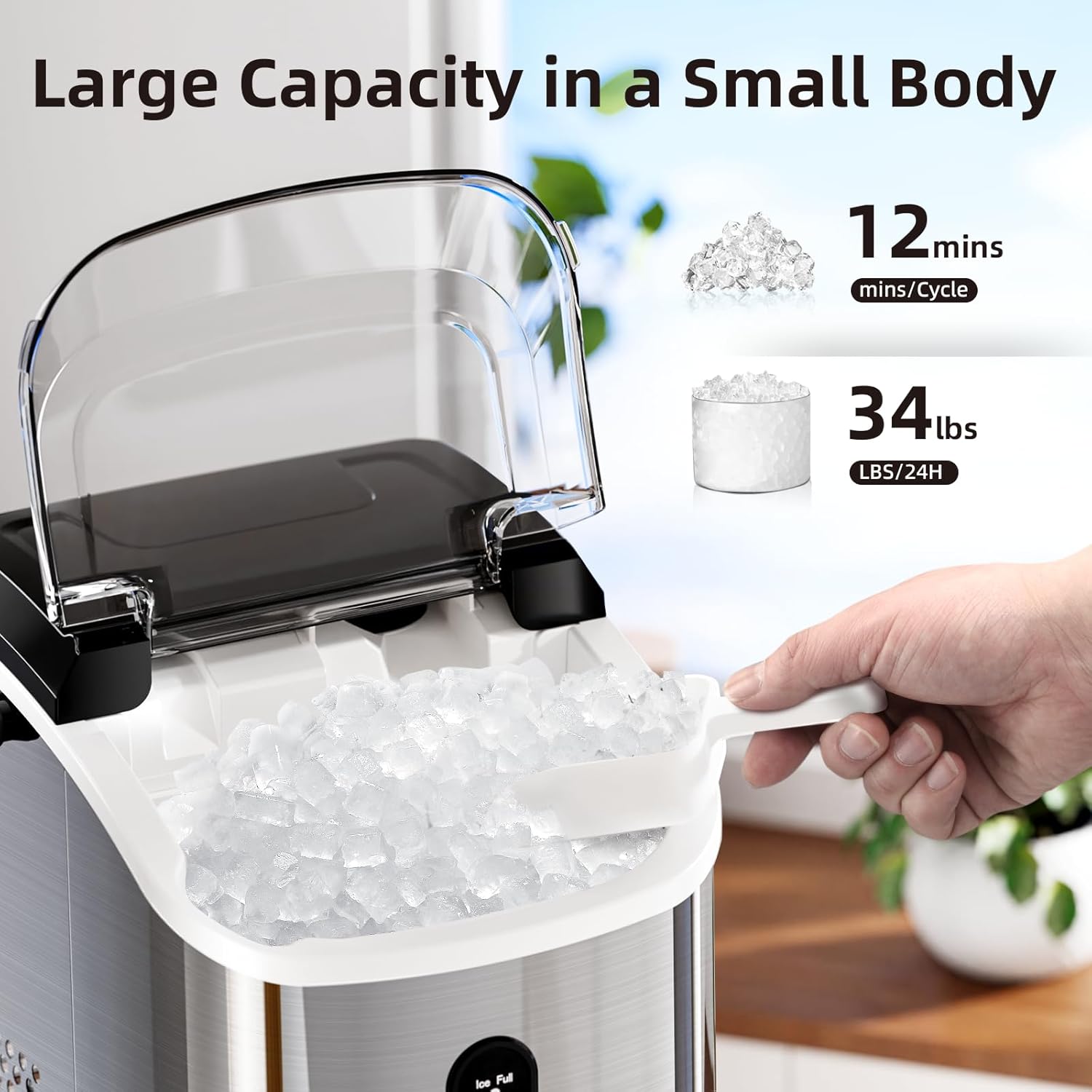 Antarcti Sta Nugge Counterto Ic Make wit Sof Chewabl Ice 34Lbs/24H Pebbl Portabl Ic Machin wit Ic Scoop Self-Cleaning On Butto Operation fo Kitchen,Offic Stainles Stee Silver