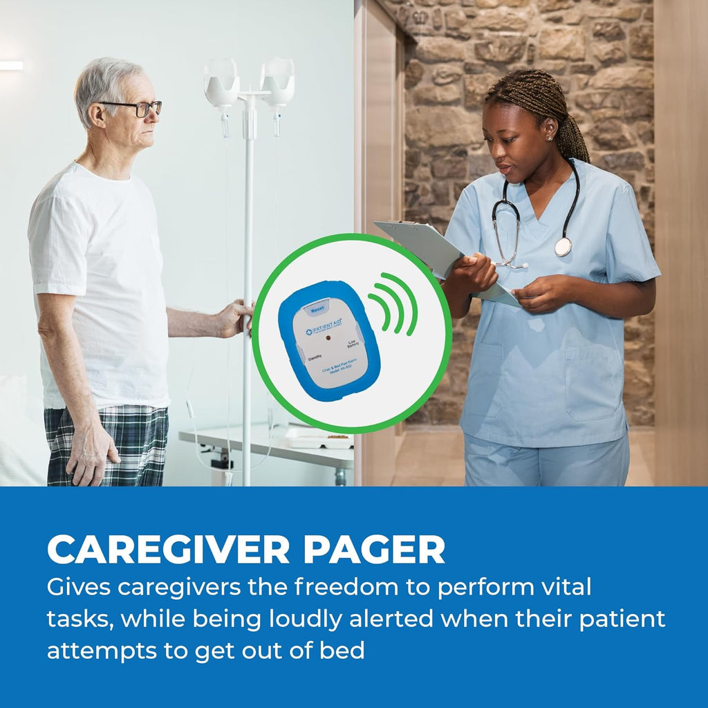 Patient Aid Bed Alarm with 10inch x 30inch Motion Sensor Pad and Wired Device with Rubber Casing, Ring Sound and Mounting Options, AC Adapter and Battery Powered Wandering and Fall Prevention for Elderly