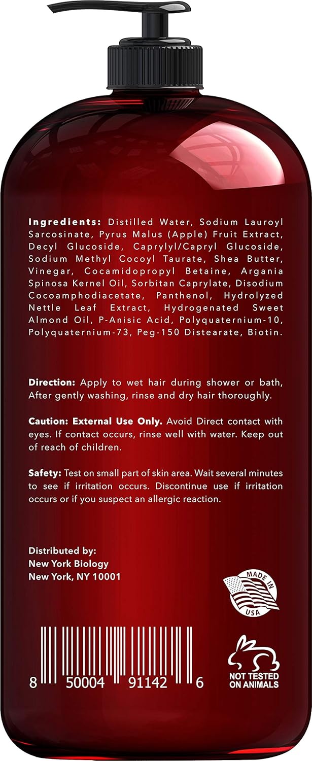 New York Biology Apple Cider Vinegar Shampoo - Helps Restore Shine, Hair Gloss and Hydration to Dry Hair and Itchy Scalp ¨C Clarifying and Nourishing ¨C Safe for All Hair Types - 16.9 fl Oz