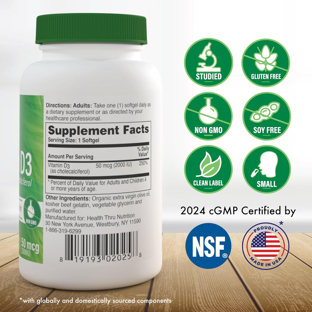 Health Thru Nutrition Vitamin D3 2000iu 365 Mini Softgels for Maximum Benefits | Year Supply | 50mcg Cholecalciferol | 3rd Party Tested | Non-GMO USP Grade in EVOO | Immune Health Support