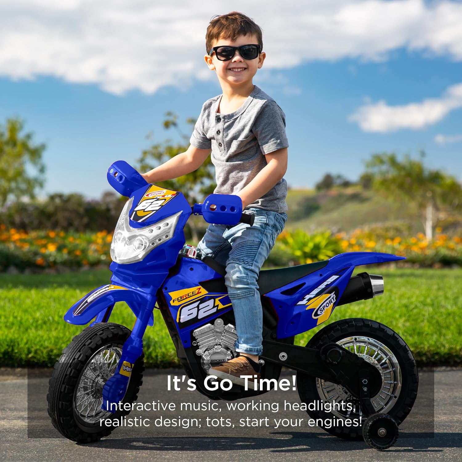 Best Choice Products Kids 6V Ride On Motorcycle w/Treaded Tires, Working Headlights, 2mph Top Speed, Training Wheels, Realistic Sounds, Music, Battery Charger - Blue