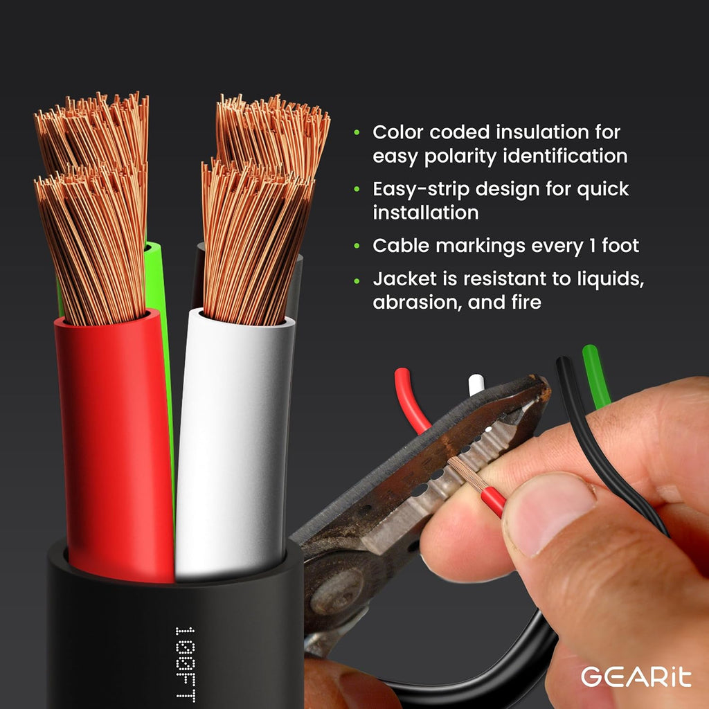 GEARit Outdoor Speaker Wire CL3 Rated, 14 Gauge Speaker Wire, Speaker Cable 250 ft for Outdoor Speakers, Patio, Garden, Backyard Audio, Direct Burial in Ground/in Wall, OFC (Black, 4-Conductors)