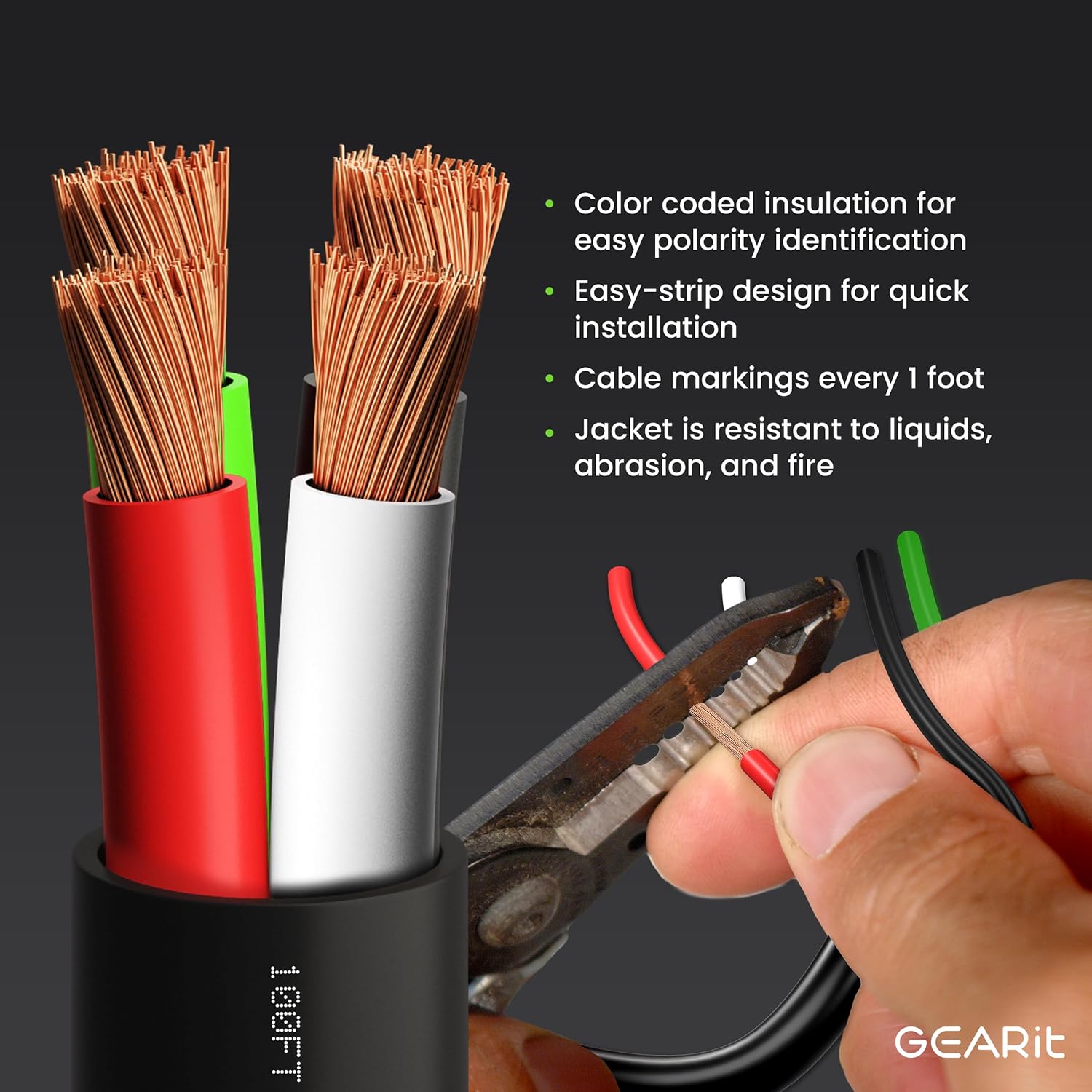 GEARit Outdoor Speaker Wire CL3 Rated, 14 Gauge Speaker Wire, Speaker Cable 250 ft for Outdoor Speakers, Patio, Garden, Backyard Audio, Direct Burial in Ground/in Wall, OFC (Black, 4-Conductors)