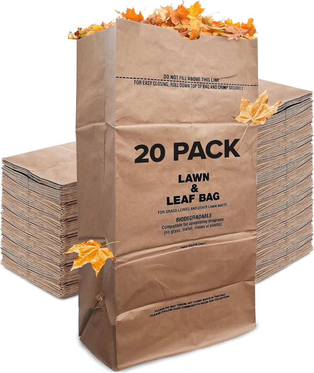 30 Gallon Kraft Lawn and Leaf Bags (20 Pack) Eco-Friendly Heavy Duty Large Paper Trash Bags, Tear Resistant Yard Waste Bags for Grass Clippings, Wet and Dry Leaves, Weeds, Twigs