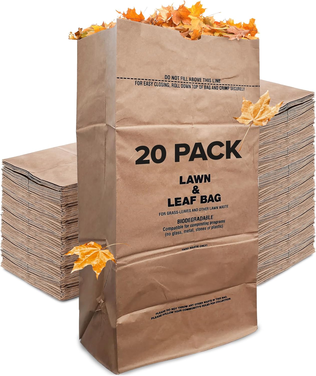 30 Gallon Kraft Lawn and Leaf Bags (20 Pack) Eco-Friendly Heavy Duty Large Paper Trash Bags, Tear Resistant Yard Waste Bags for Grass Clippings, Wet and Dry Leaves, Weeds, Twigs