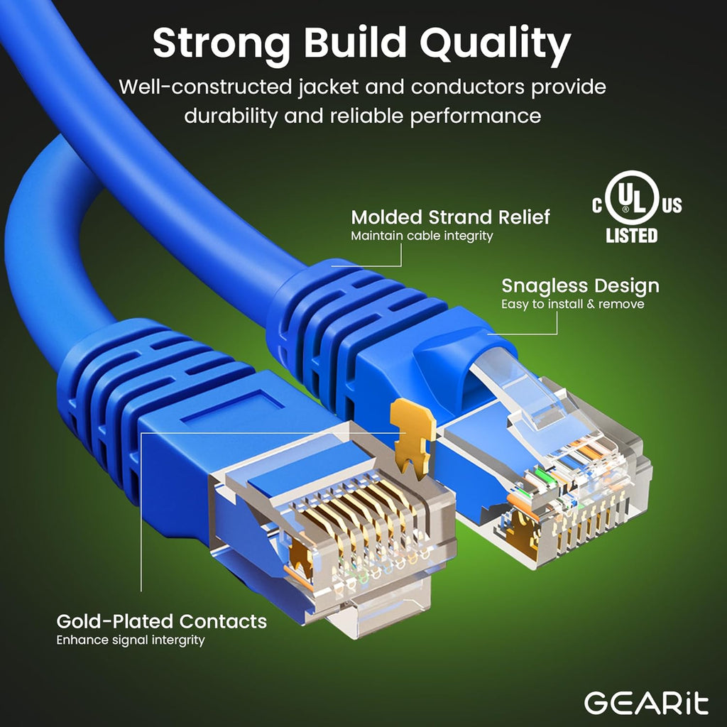 GEARit Cat 6 Ethernet Cable Pack - 10-Pack 15 ft Cat6 Ethernet Patch Cables | RJ45 Network Patch Cable, 10 Gbps Snagless Gold-Plated Connectors - Ethernet Cable Cat 6 for PC, TV, Router - Blue