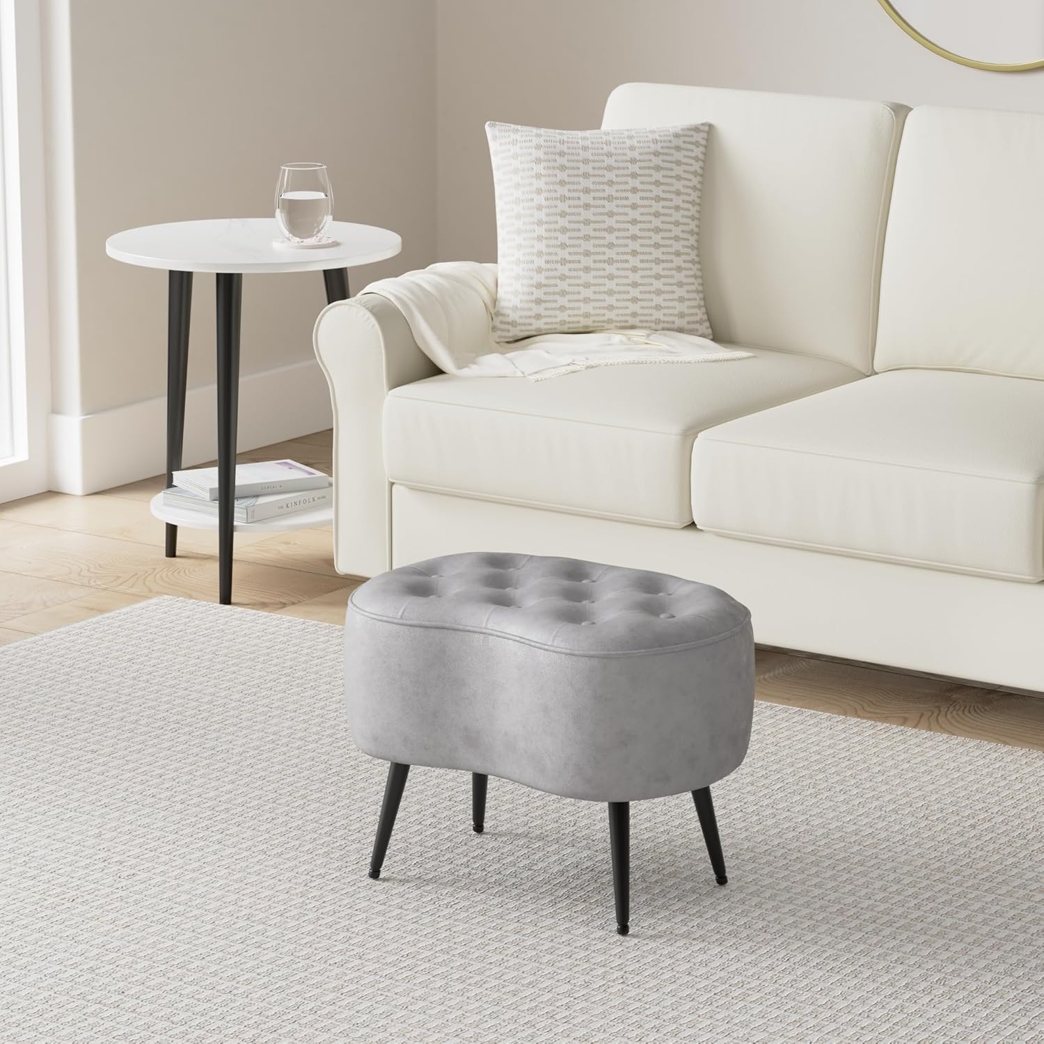BIRDROCK HOME Tufted Oblong Velvet Ottoman - Mid Century Modern Design Furniture with Steel Legs - Soft, Compact, Padded Foot Stool for Living Room, Office and Bedroom- Grey Velvet, 22.5x15 Inches