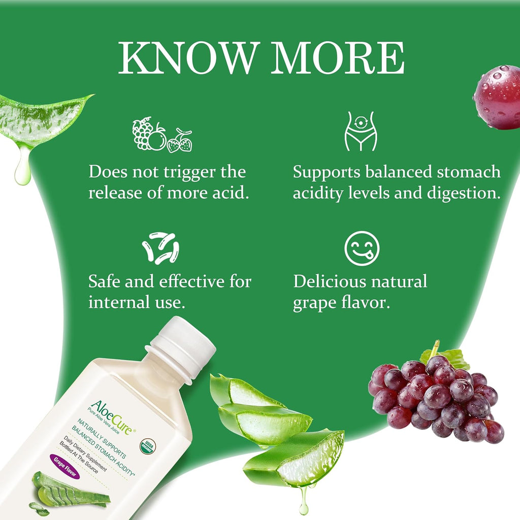 AloeCure USDA Organic Aloe Vera Juice Grape Flavor, Made Within 12 Hours of Harvest - Pure Aloe Vera Digestive & Immune Health Supplement, Helps Maintain Balanced Stomach Acidity, 16.7oz Bottle