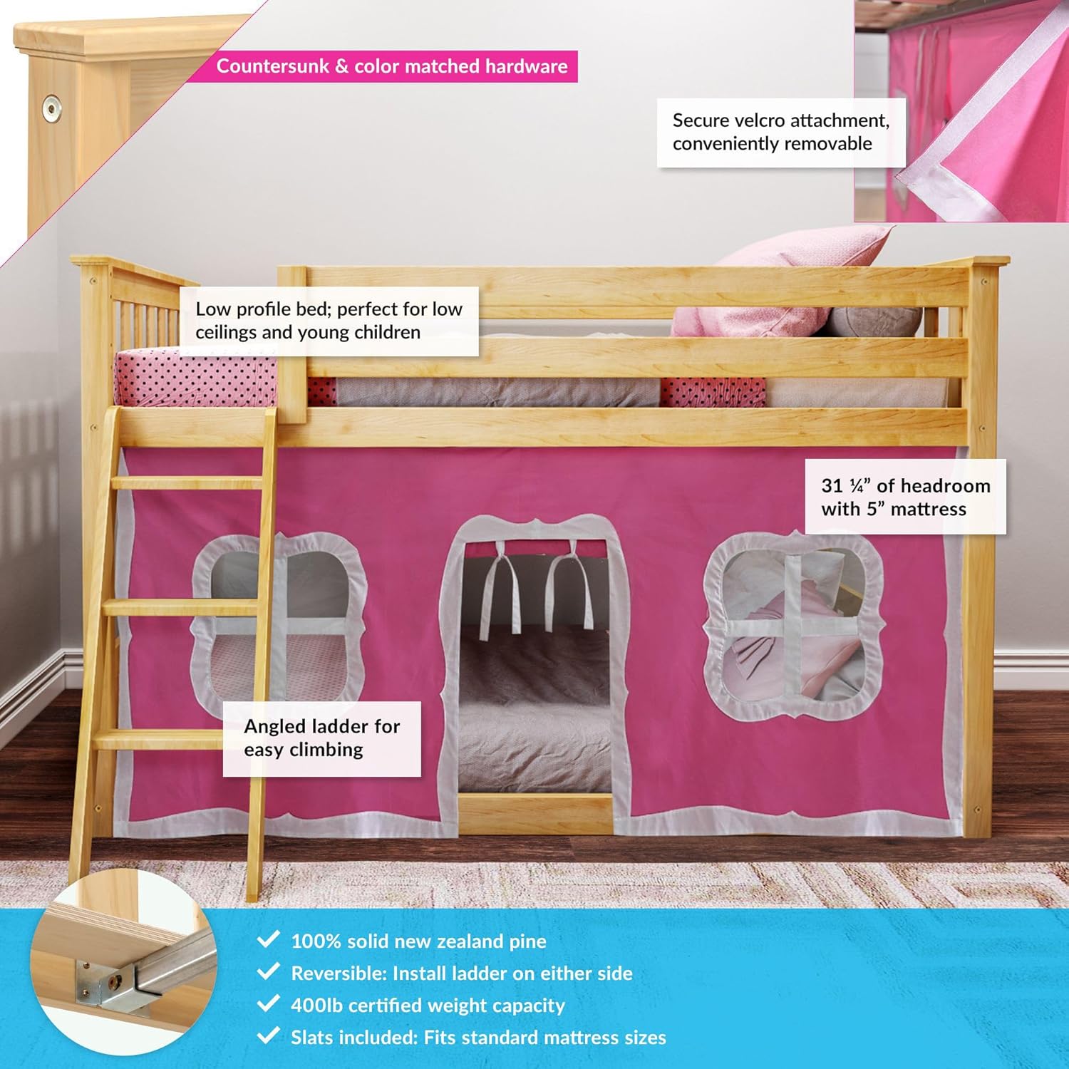 Max & Lily Low Bunk Bed, Twin-Over-Twin Bed Frame For Kids With Curtains For Bottom, Natural/Pink