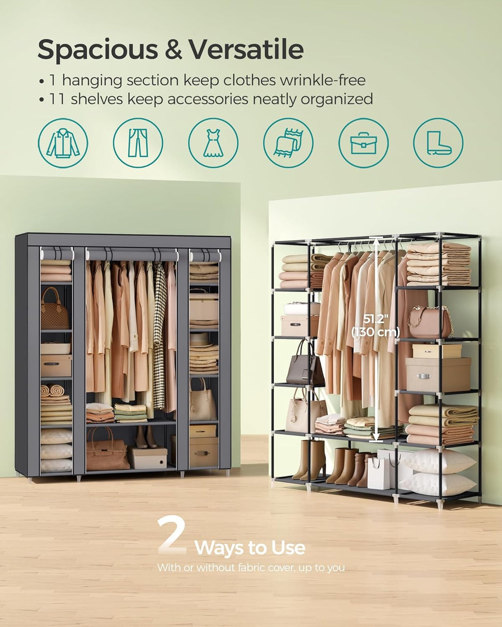 Closet Wardrobe, Portable Closet for Bedroom, Clothes Rail with Non-Woven Fabric Cover, Clothes Storage Organizer, 59 x 17.7 x 69 Inches, 12 Compartments, Gray ULSF03G