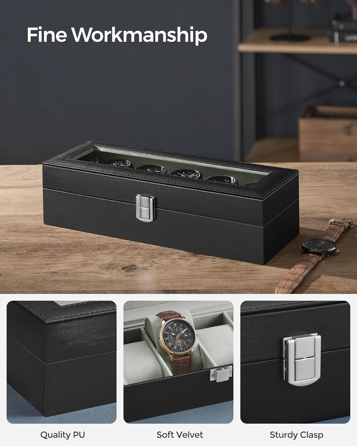 Watch Box, 6-Slot Watch Case Organizer with Large Glass Lid, Removable Pillows, Christmas Gift, Black Synthetic Leather, Greenish Gray Lining UJWB06BK