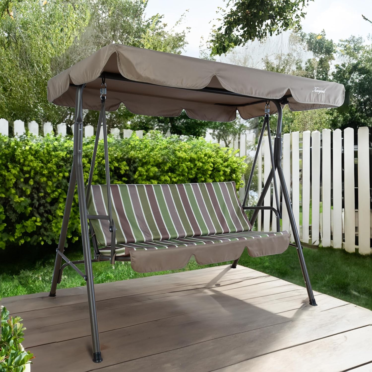 Kozyard Alicia Patio Swing Chair - Comfortable 3 Cushion Seats with Strong Steel Frame, Adjustable Canopy and Removable Cushion Ideal Glider Swing for Outdoors, Garden, Poolside, Balcony (Lime Stripe)