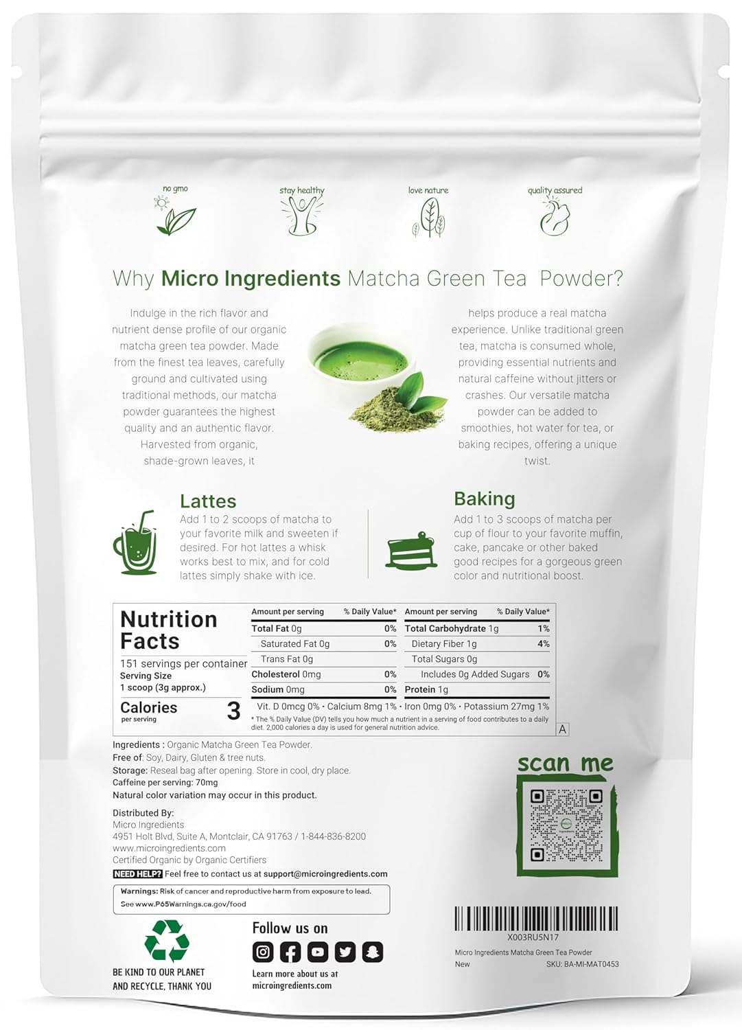 Micro Ingredients Organic Matcha Green Tea Powder, First Harvest, Culinary Grade from Japan, 100% Pure Unflavored, Great for Tea, Latte, Smoothies, Non-GMO, No Sugar, Eco-Friendly Packaging, 1 Lb