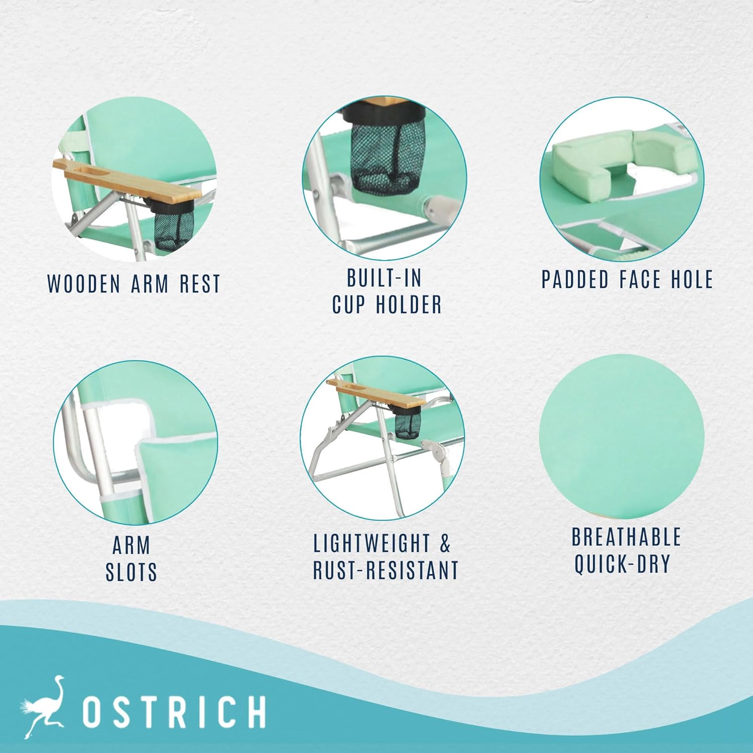 Ostrich Deluxe 3N1 Padded Beach Chair w/ Face Cushion Arm Holes, Teal - Lightweight Folding Recliner w/ Adjustable Backrest Footrest, Cup Holder, Side Utility Bag, 275 lb Weight Capacity
