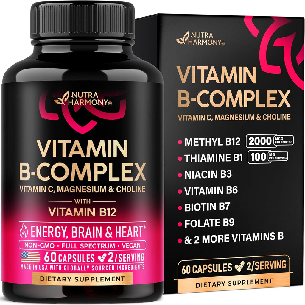 Vitamin B Complex for Men Women - Riboflavin B2, B12, B1, B3, B5, B6, B7, B8, B9 | Vitamin C, Choline, Inositol - B-Complex Supplement - Energy, Brain Heart Support - Made in USA, 60 Vegan Caps