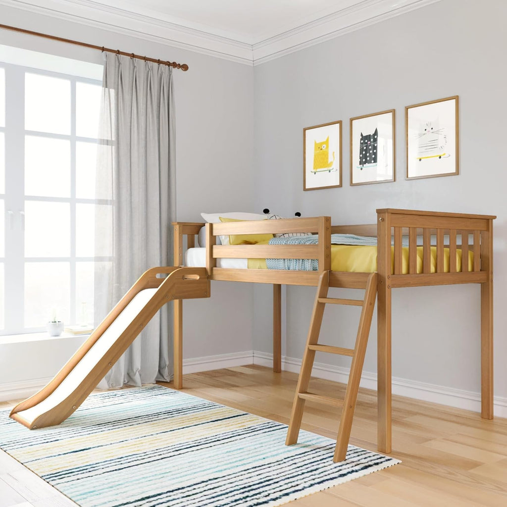 Max Lily Twin Size Low Loft Bed with Slide and Ladder, Classic Solid Wood Kids Bedroom Furniture, 400 lbs Weight Capacity, 14inch Safety Guardrail, Anti-Slip Steps, Pecan