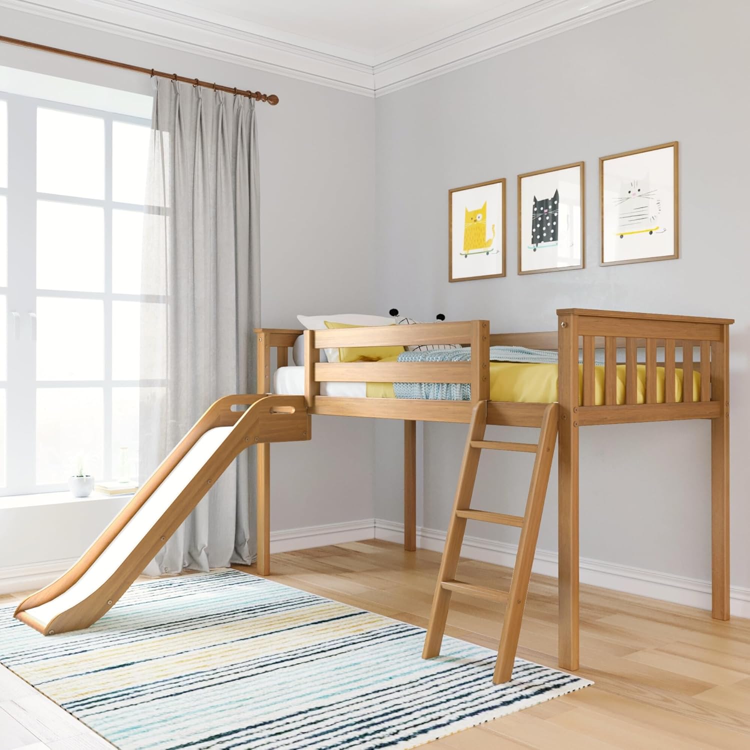 Max Lily Twin Size Low Loft Bed with Slide and Ladder, Classic Solid Wood Kids Bedroom Furniture, 400 lbs Weight Capacity, 14inch Safety Guardrail, Anti-Slip Steps, Pecan