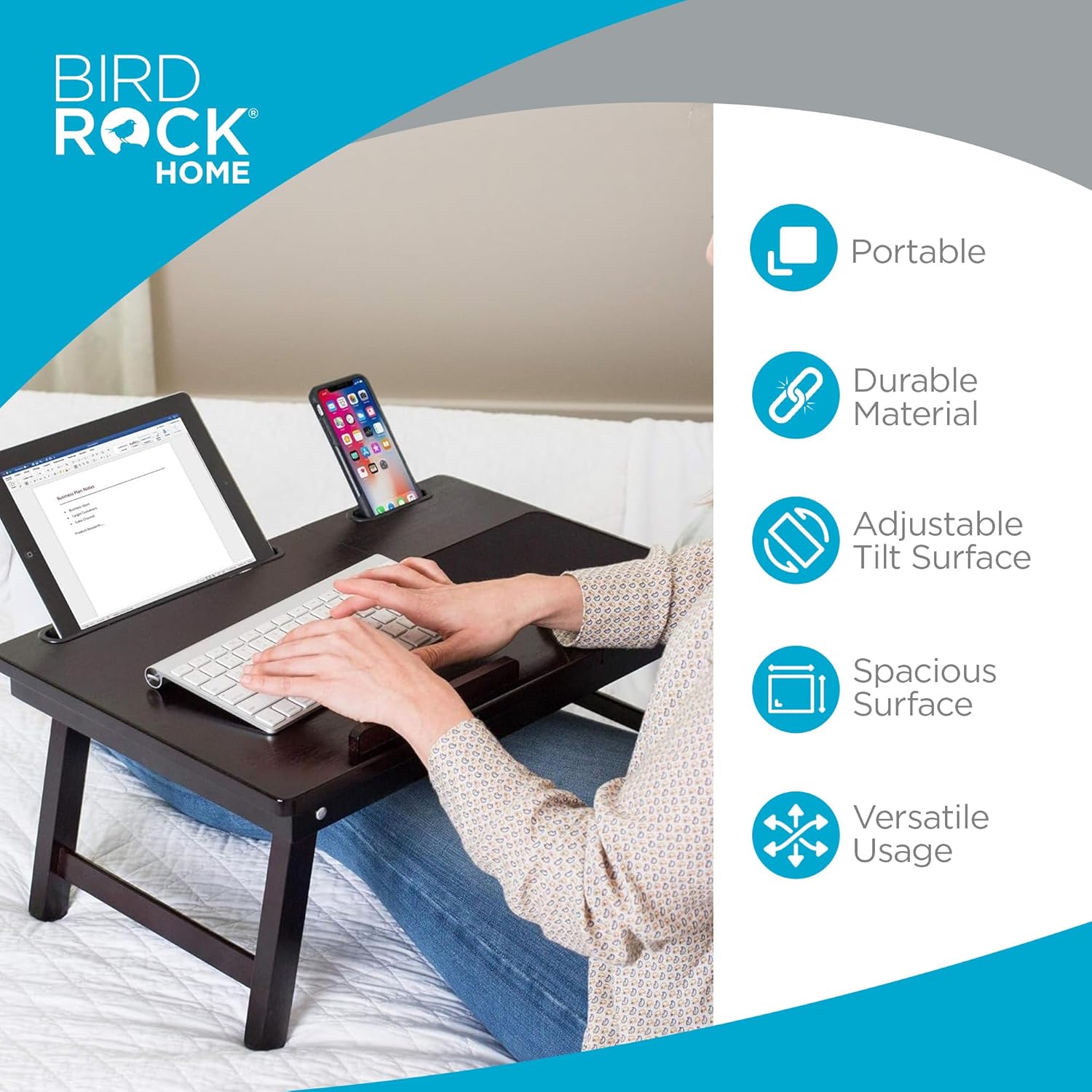 BIRDROC HOM Lapto Be Tra Adjustabl Til Surface Storag Drawer Foldin Legs Mous Pa Fit Lapto U t 15inc Slot U to Tablet 9.6inch Phone 4inc Fo Work Reading Studyin Espresso